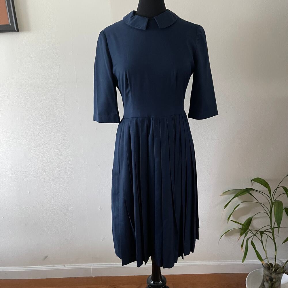 Mrs. Pomeranz Dress Womens Small Navy Blue Pleated Midi Removable Collar Cotton